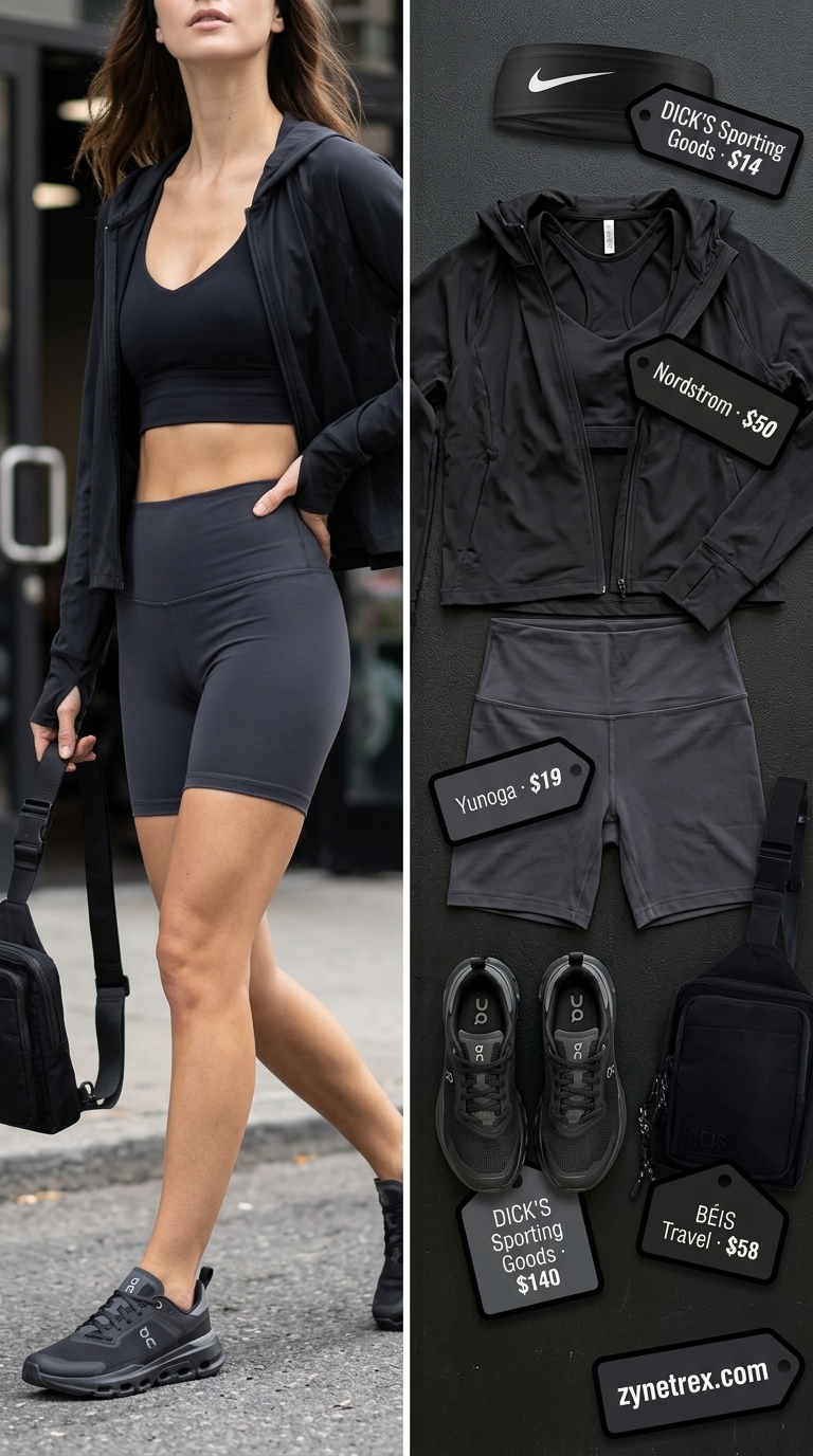 Sporty biker shorts outfits summer for women 2026: Charcoal biker shorts, electric blue sports bra, black jacket, and sneakers for gym.