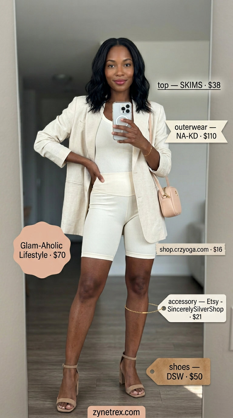 Sporty biker shorts outfits summer for women 2026: Cream biker shorts, beige blazer, cream tank top, heeled sandals, crossbody bag.