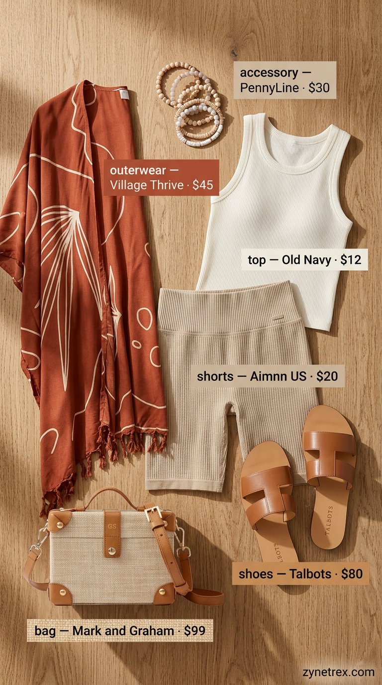 Sporty biker shorts outfits summer for women 2026: Beige biker shorts, cream tank, earth-toned kimono, raffia bag, slide sandals.