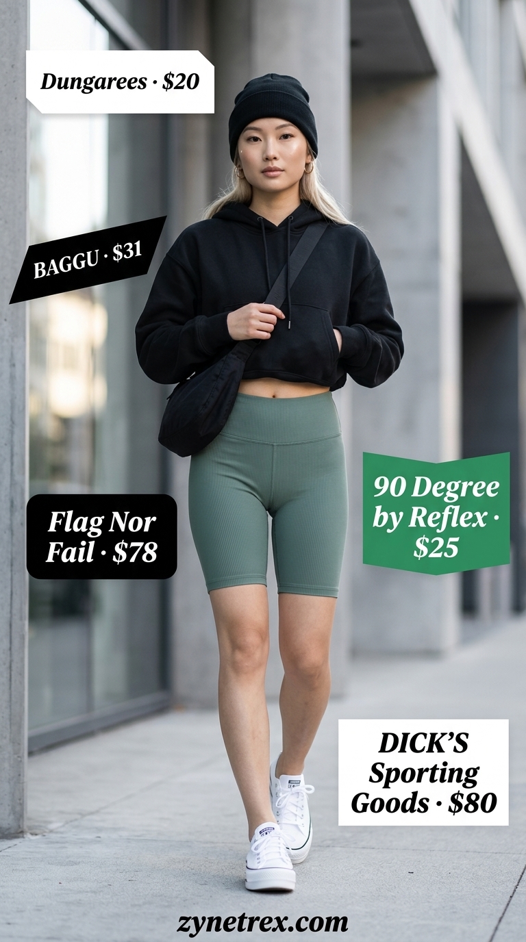 Sporty biker shorts outfits summer for women 2026: Olive green biker shorts, cropped hoodie, chunky sneakers, and beanie for modern athleisure.