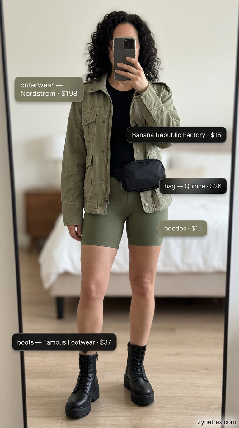 Sporty biker shorts outfits summer for women 2026: Olive green biker shorts, utility jacket, ribbed tank, and combat boots for urban explorer.