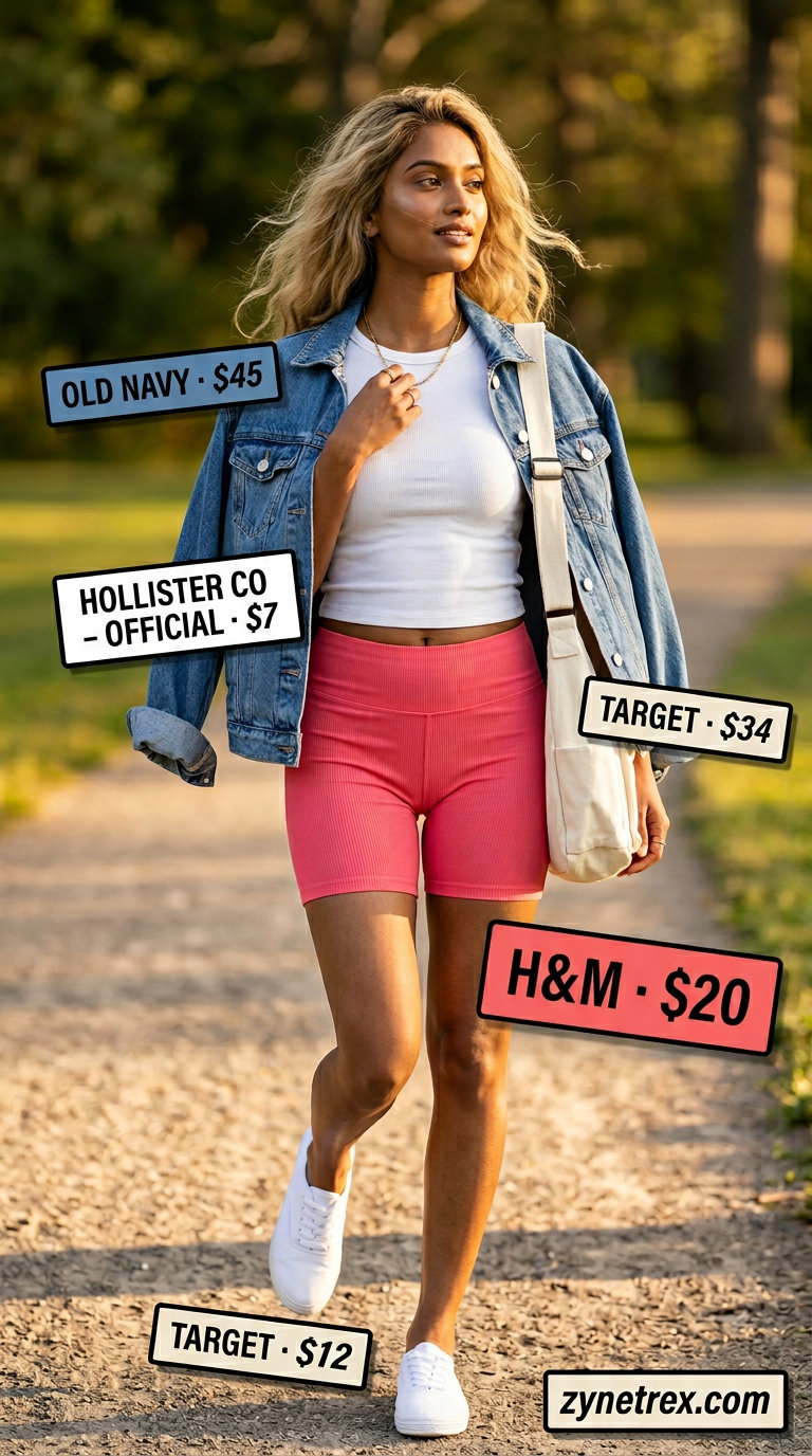 Sporty biker shorts outfits summer for women 2026: Bright pink biker shorts, grey tee, denim jacket, white sneakers for a casual day out.