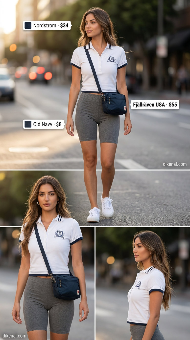 Sporty biker shorts outfits summer for women 2026: Grey marl biker shorts, navy polo, denim jacket, crossbody bag, canvas sneakers.