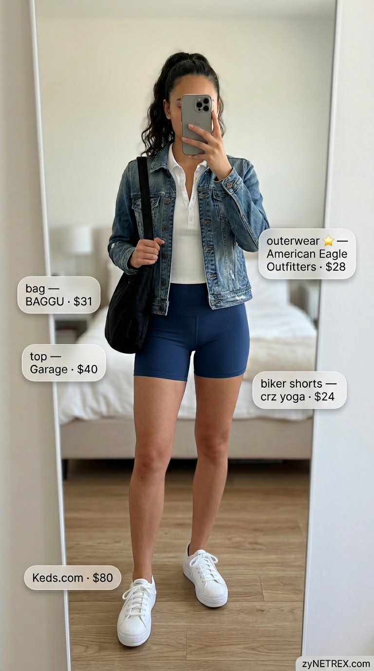 Sporty biker shorts outfits summer for women 2026: Navy biker shorts, white polo, denim jacket, crossbody bag, platform sneakers.