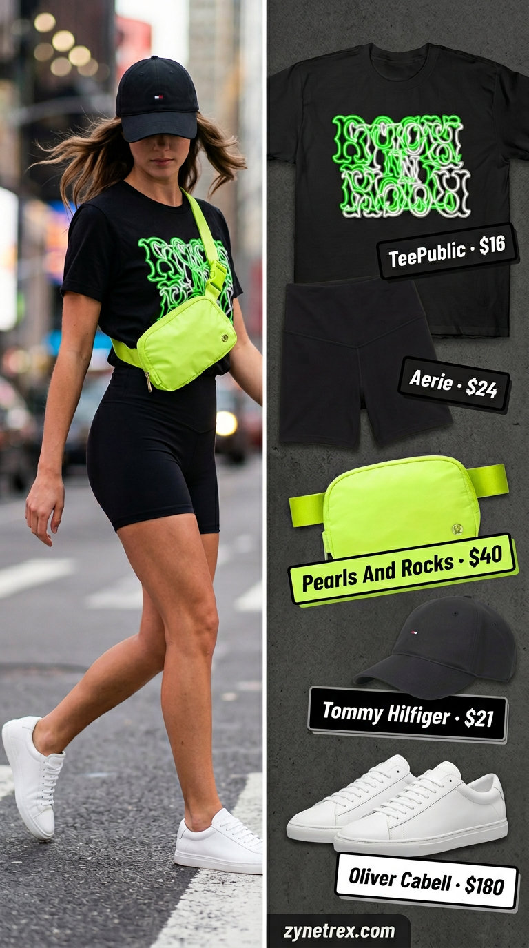 Sporty biker shorts outfits summer for women 2026: Black biker shorts, oversized graphic tee, baseball cap, belt bag, sneakers.