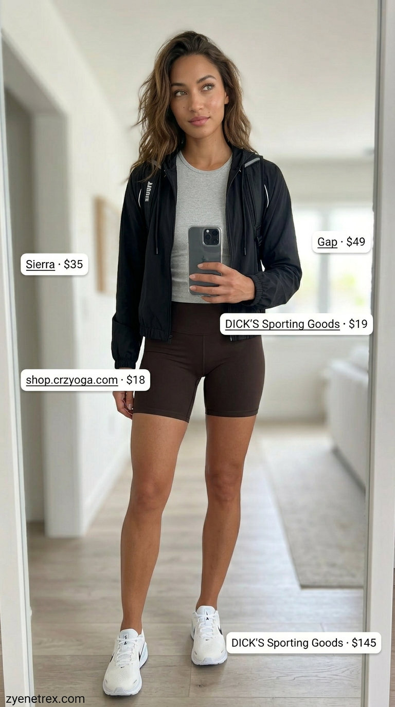 Sporty biker shorts outfits summer for women 2026: Brown biker shorts with windbreaker, tank & trail shoes for active day.