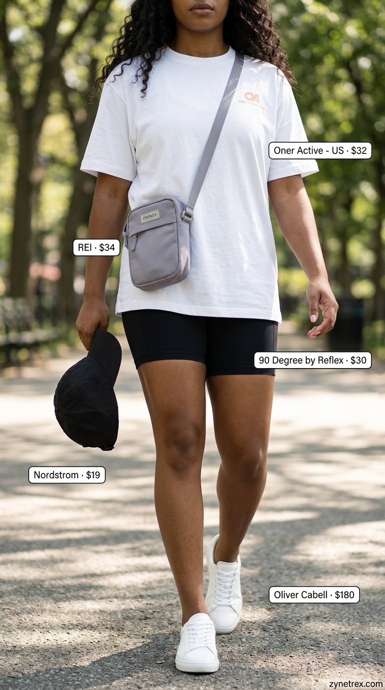 Sporty biker shorts outfits summer for women 2026: Black biker shorts with oversized graphic tee, cap & sneakers for athleisure errands.
