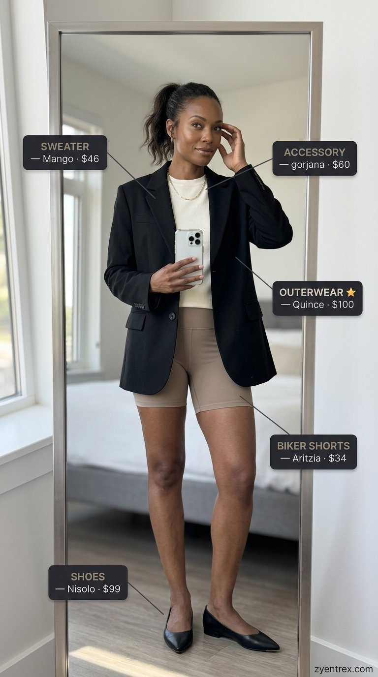 Sporty biker shorts outfits summer for women 2026: Taupe biker shorts with black blazer, knit top & flats for elevated athleisure.