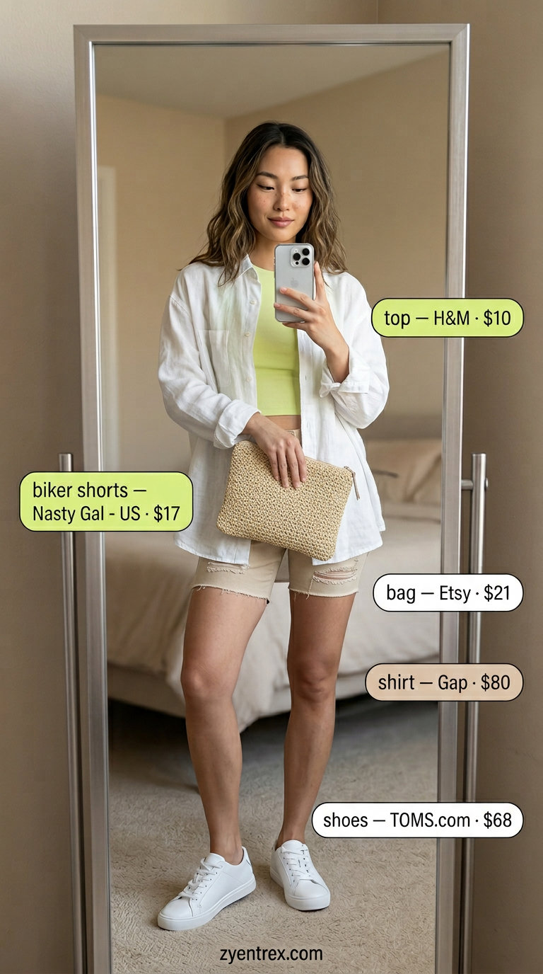 Sporty biker shorts outfits summer for women 2026: Lime green biker shorts with white tee, linen shirt & straw bag for chic daytime look.