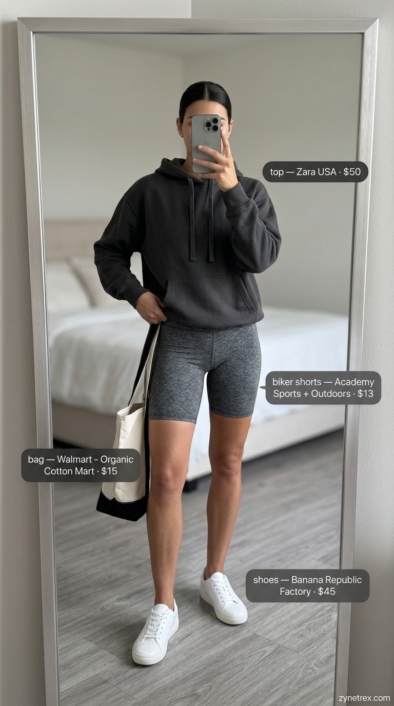 Sporty biker shorts outfits summer for women 2026: Charcoal biker shorts with oversized hoodie & sneakers for monochrome athleisure.