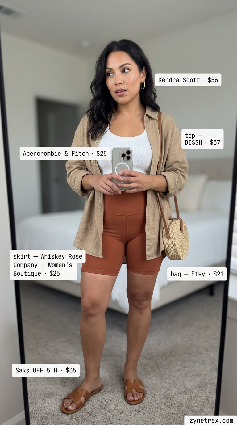 Sporty biker shorts outfits summer for women 2026: Terracotta biker shorts with linen shirt, ribbed tank & leather sandals for sunset.