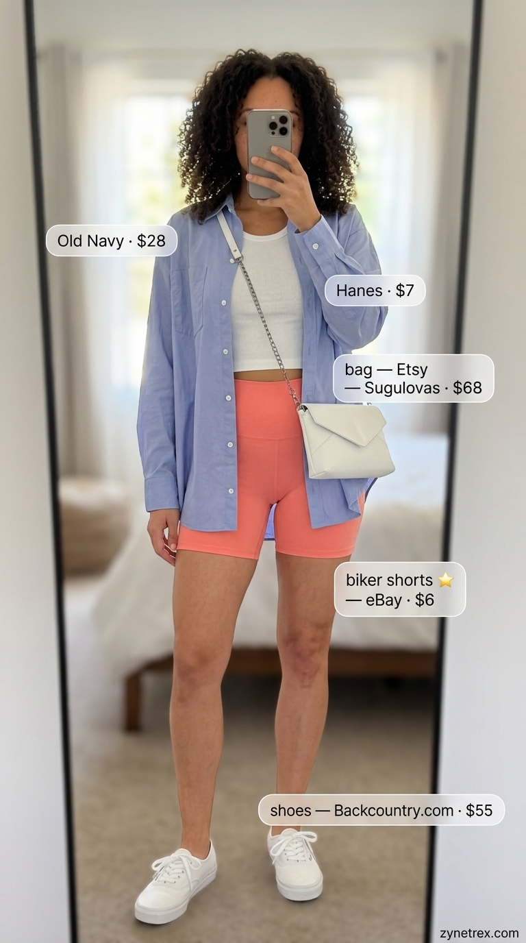 Sporty biker shorts outfits summer for women 2026: Coral biker shorts with oversized shirt, cropped tank & sneakers for sunny day.