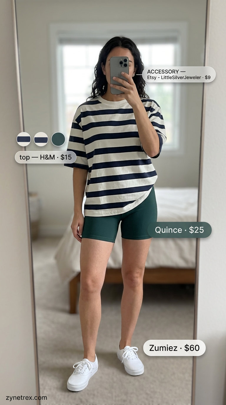 Sporty biker shorts outfits summer for women 2026: Olive biker shorts with striped tee, canvas bag & sneakers for weekend casual.