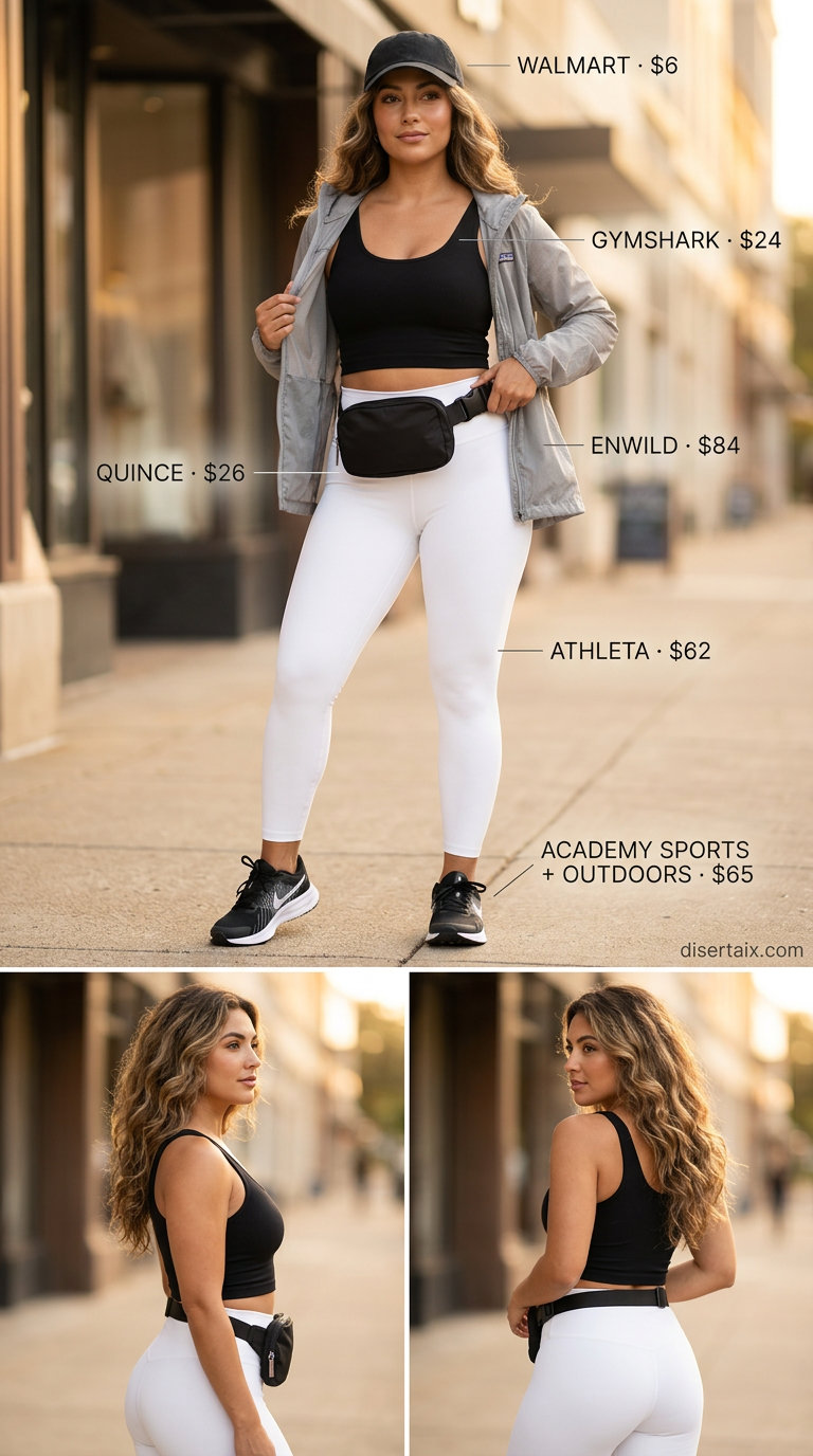 Sporty Leggings for Active Days 2026 Sporty legging outfits summer for women 2026: White leggings, black crop top, windbreaker, and running shoes for active days.