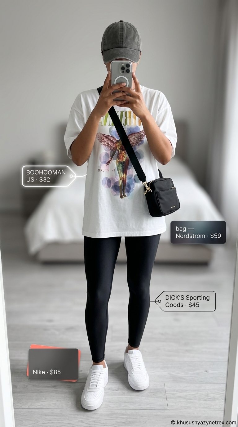 Athleisure Leggings for Weekend Errands 2026 Sporty legging outfits summer for women 2026: Black compression leggings, band tee, white sneakers, and grey cap for athleisure.