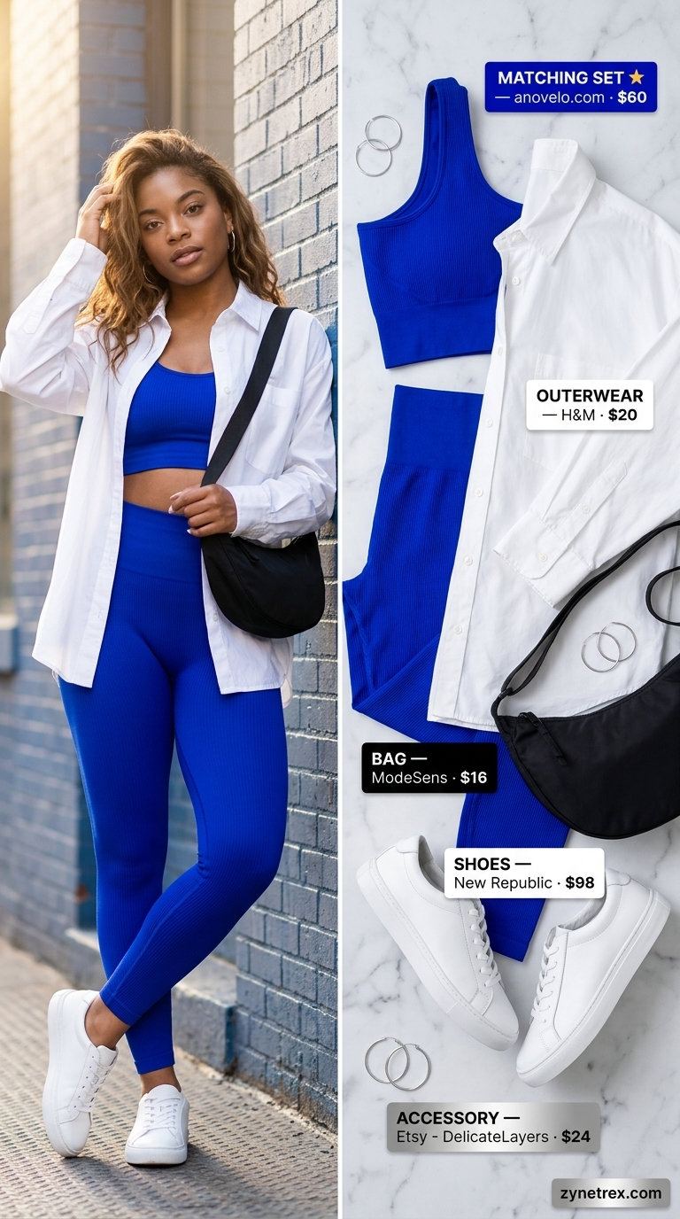 Athletic Chic Leggings Set 2026 Sporty legging outfits summer for women 2026: Electric blue seamless leggings, crop top, and oversized white shirt for gym.