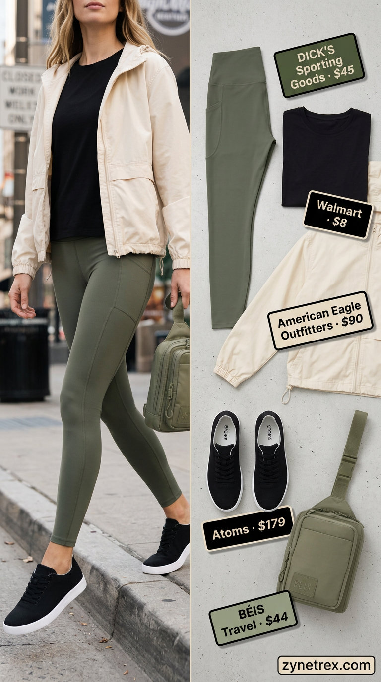 Sporty Legging Outfits Summer 2026: City Explorer Sporty legging outfits summer for women 2026: Olive green windbreaker, black leggings, cream tee, and walking sneakers for city exploration.