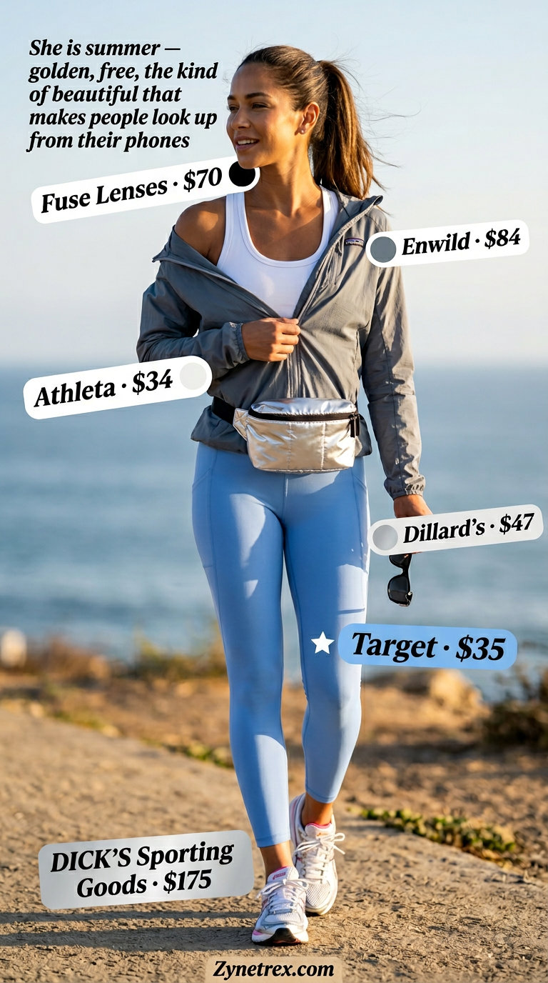 Sporty Legging Outfits Summer 2026: Coastal Breeze Sporty legging outfits summer for women 2026: Sky blue leggings, white tank, grey windbreaker, and running sneakers for coastal walks.
