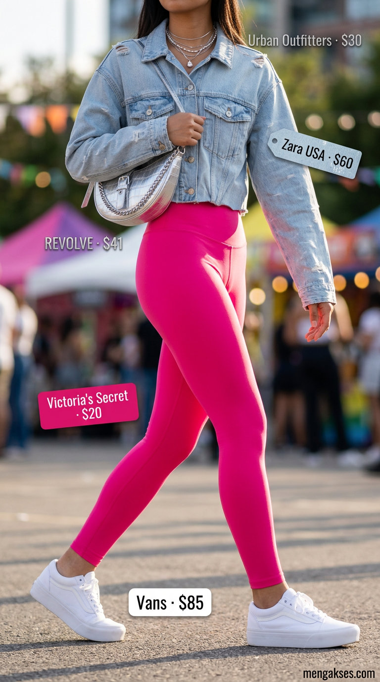 Sporty Legging Outfits Summer 2026: Festival Vibes Sporty legging outfits summer for women 2026: Hot pink leggings, white graphic tee, denim jacket, and platform sneakers for festivals.