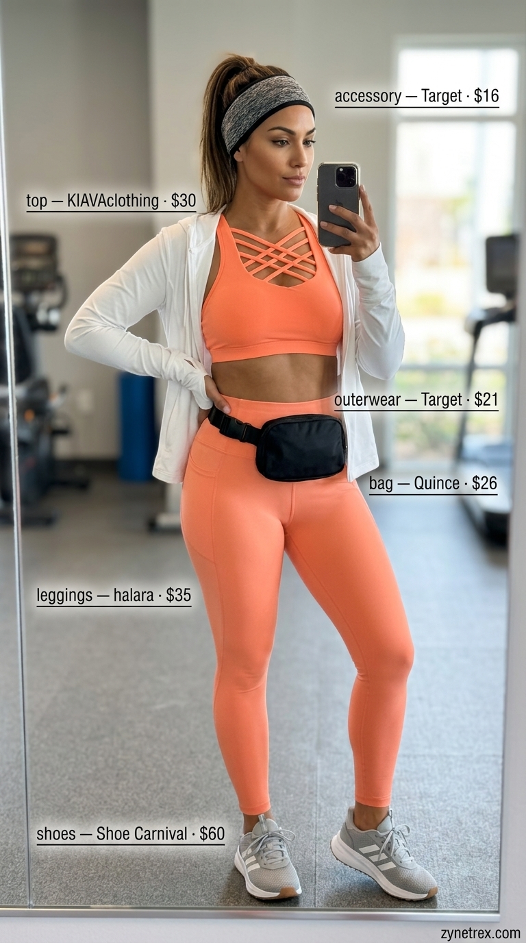 Coral Leggings for Gym Workouts 2026 Sporty legging outfits summer for women 2026: Coral high-waisted leggings, sports bra, mesh hoodie, and trainers for gym workouts.