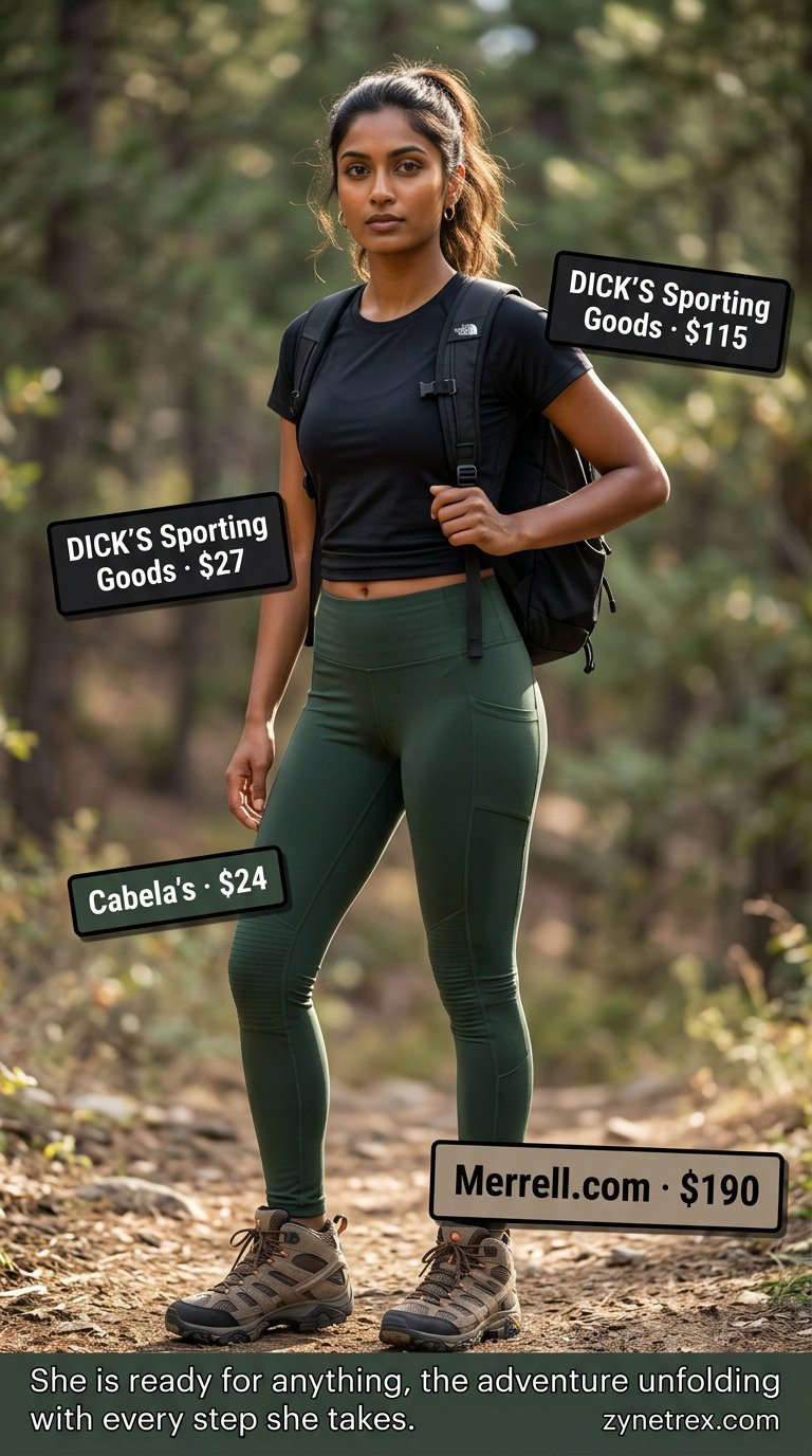 Sporty Legging Outfits Summer 2026: Outdoor Adventure Sporty legging outfits summer for women 2026: Forest green hiking leggings, black athletic top, sun hat, and hiking boots for outdoor adventures.