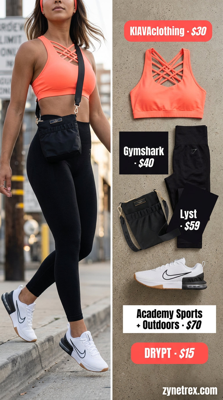 Sporty Legging Outfits Summer 2026: Performance Power Sporty legging outfits summer for women 2026: Black leggings, coral sports bra, white trainers, and coral headband for intense workouts.