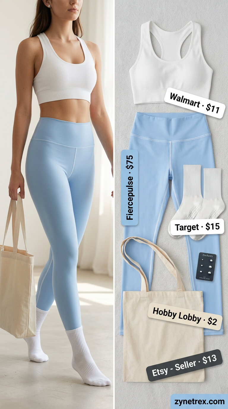 Sporty Legging Outfits Summer 2026: Studio Serenity Sporty legging outfits summer for women 2026: Sky blue yoga leggings, white sports bra, non-slip socks, and canvas tote for studio workouts.