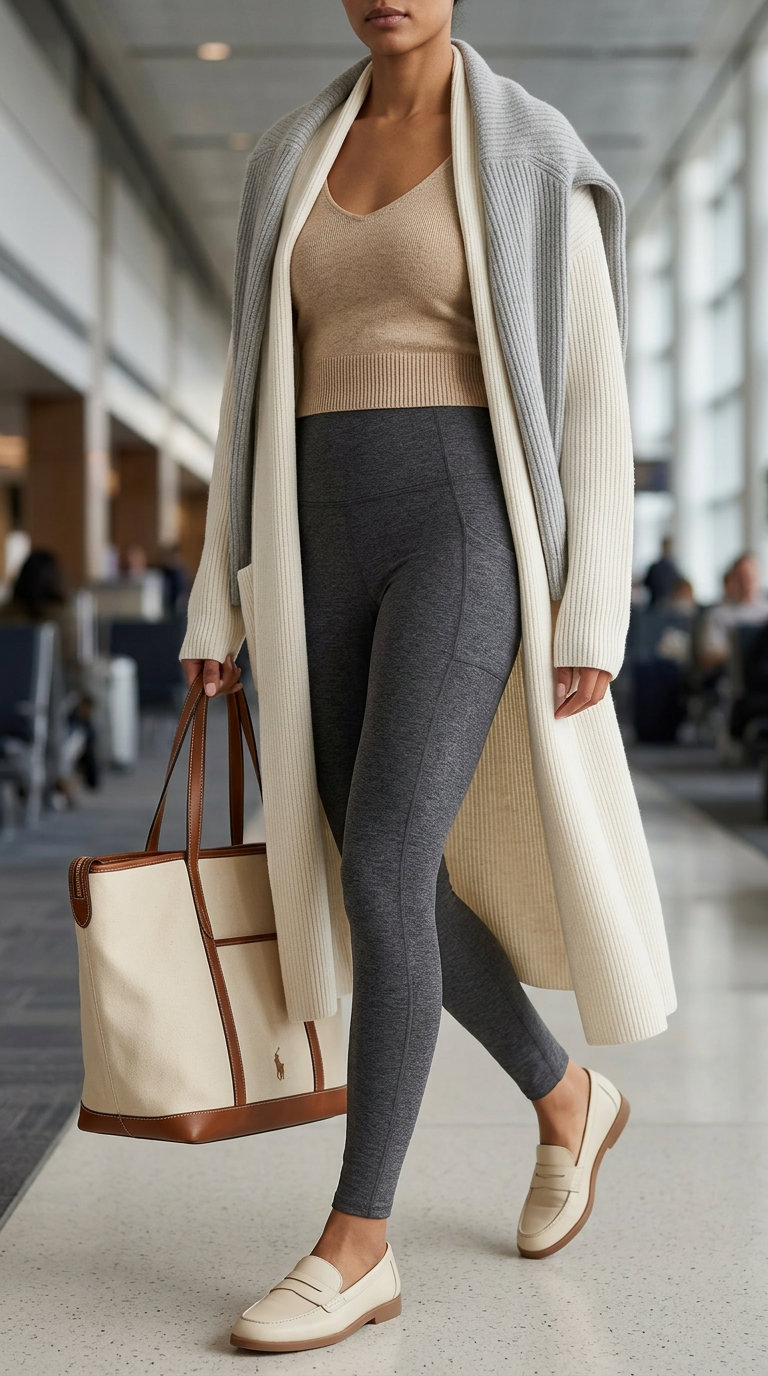 Sporty Legging Outfits Summer 2026: Travel Chic Sporty legging outfits summer for women 2026: Charcoal grey travel leggings, beige cardigan, white tank, and loafers for chic travel.