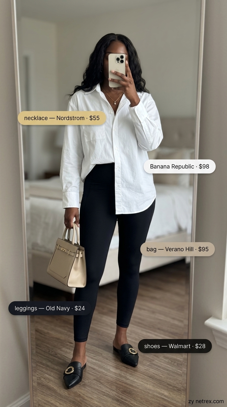 Sporty Legging Outfits Summer 2026: Chic Evening Sporty legging outfits summer for women 2026: Black leggings, oversized shirt, beige cardigan, pointed mules for active summer evening.