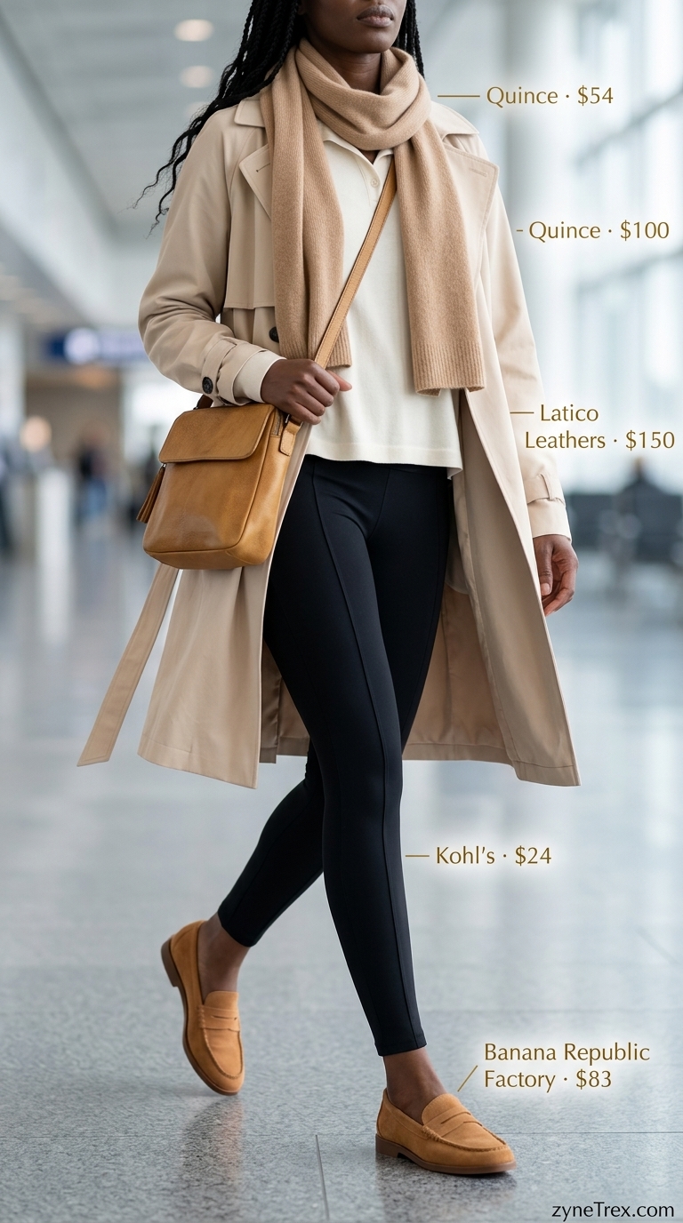Sporty Legging Outfits Summer 2026: Travel Comfort Sporty legging outfits summer for women 2026: Black ponte leggings, cream knit top, trench coat, loafers for active travel.