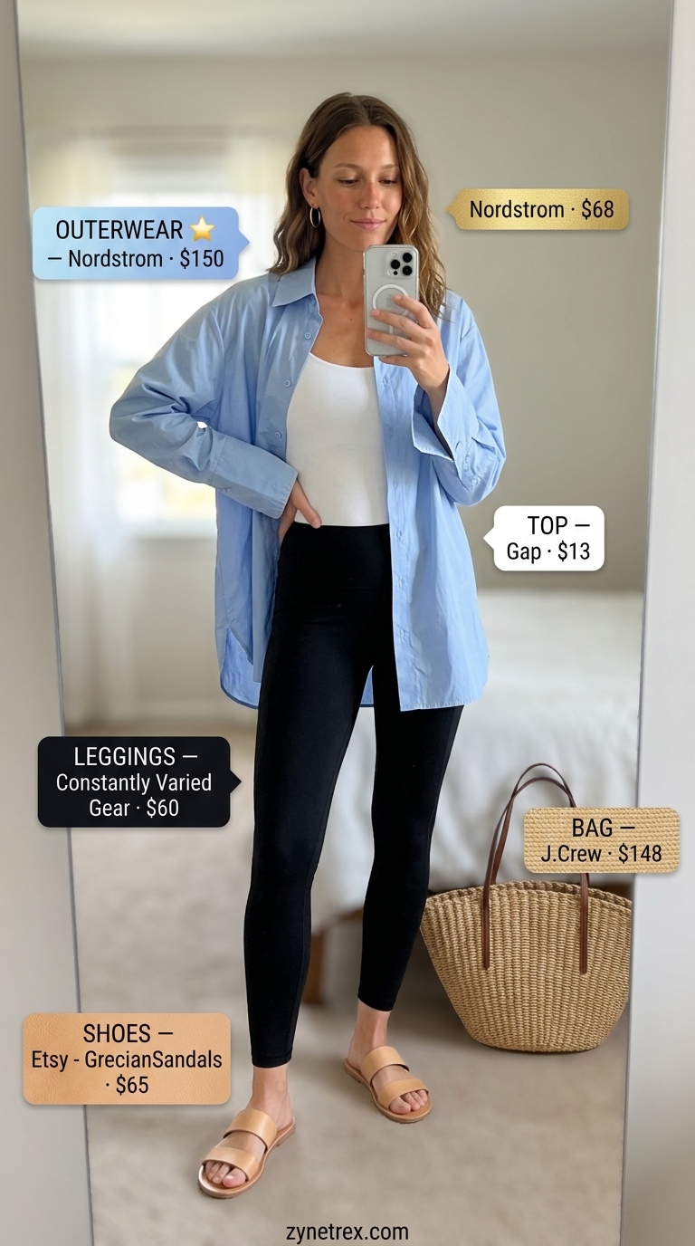 Sporty Legging Outfits Summer 2026: Coastal Chic Sporty legging outfits summer for women 2026: Oversized shirt, bodysuit, straw tote, slides for coastal athleisure style.