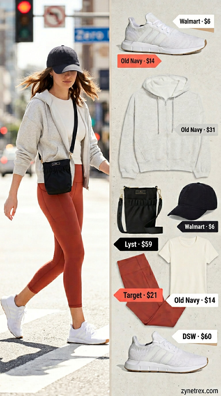 Sporty Legging Outfits Summer 2026: Casual & Sporty Sporty legging outfits summer for women 2026: Bright coral leggings, white tee, grey hoodie, white sneakers for casual errands.