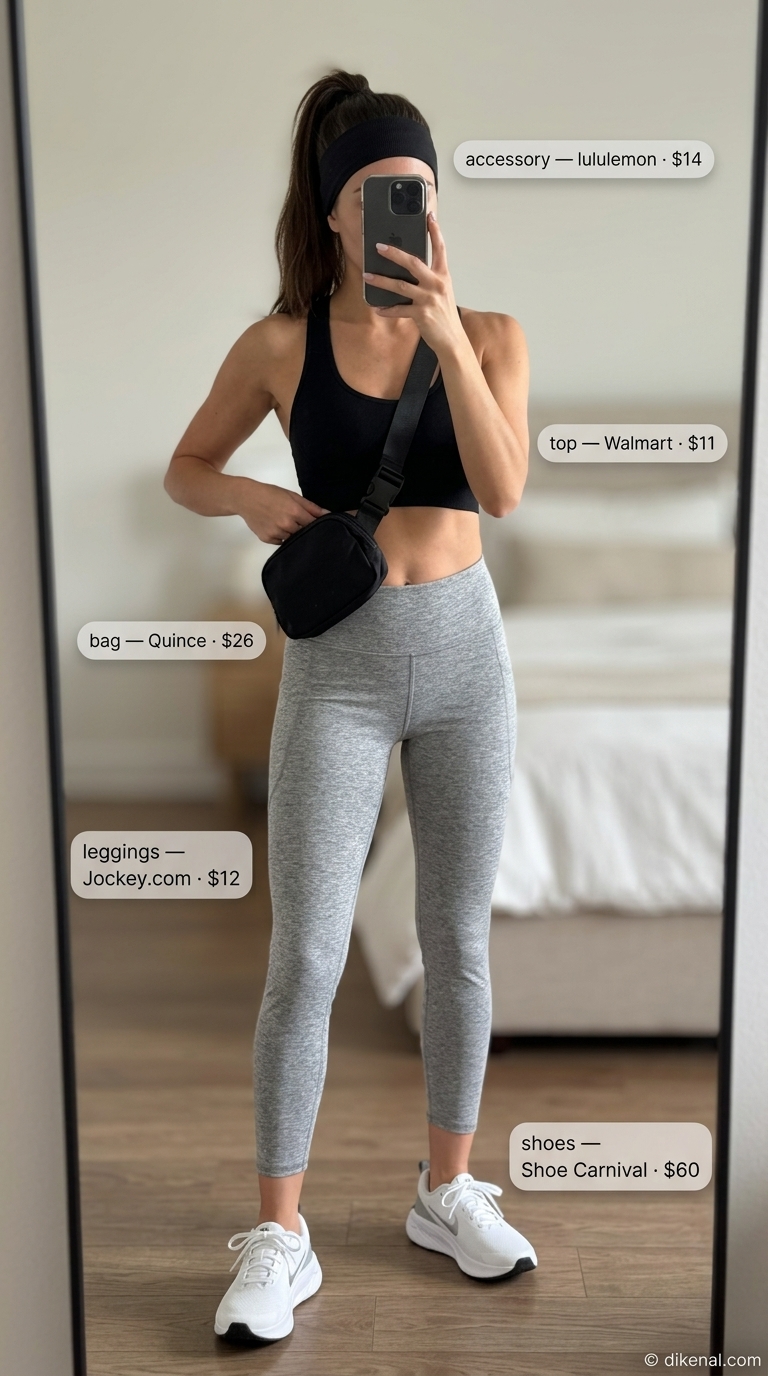 Sporty Legging Outfits Summer 2026: Gym & Training Sporty legging outfits summer for women 2026: Light grey 7/8 leggings, black sports bra, white sneakers for summer workouts.