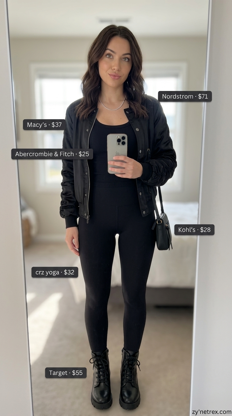 Sporty Legging Outfits Summer 2026: Edgy Urban Sporty legging outfits summer for women 2026: Olive green jacket, black tank, combat boots for urban exploration.