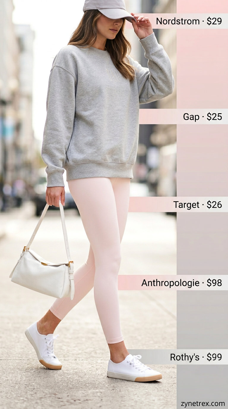 Sporty Legging Outfits Summer 2026: Brunch Comfort Sporty legging outfits summer for women 2026: Light pink leggings, oversized sweatshirt, baseball cap for weekend brunch.
