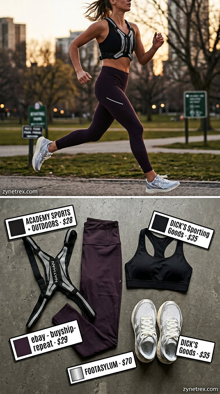 Sporty Legging Outfits Summer 2026: Evening Run Style Sporty legging outfits summer for women 2026: Deep purple running leggings, black belt, silver vest for evening runs.