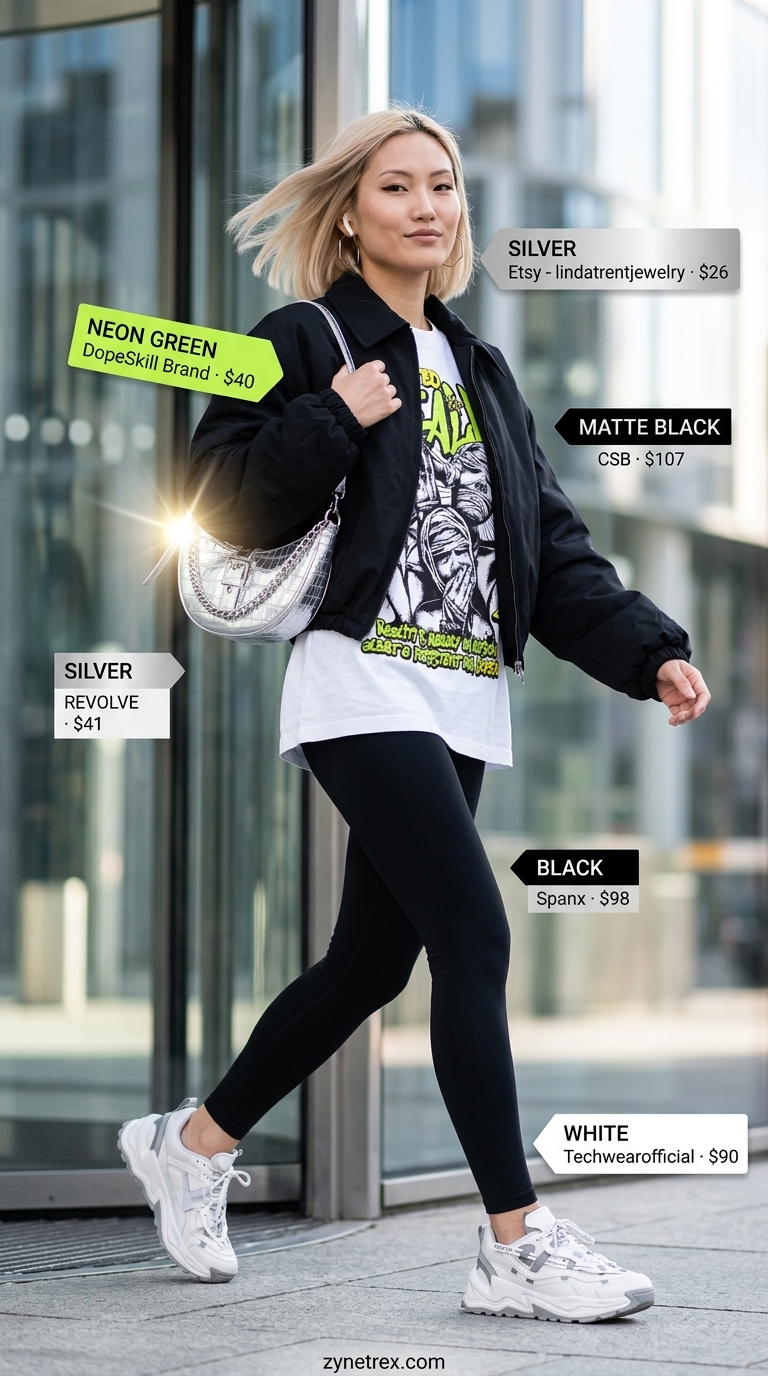 Sporty Legging Outfits Summer 2026: Urban Athleisure Sporty legging outfits summer for women 2026: Black leggings, oversized bomber, graphic tee, chunky sneakers for city exploration.