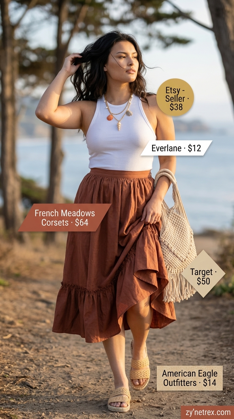 Stylish summer outfits for women 2026: Boho terracotta skirt, cream tank, gold necklaces, espadrilles for festival.