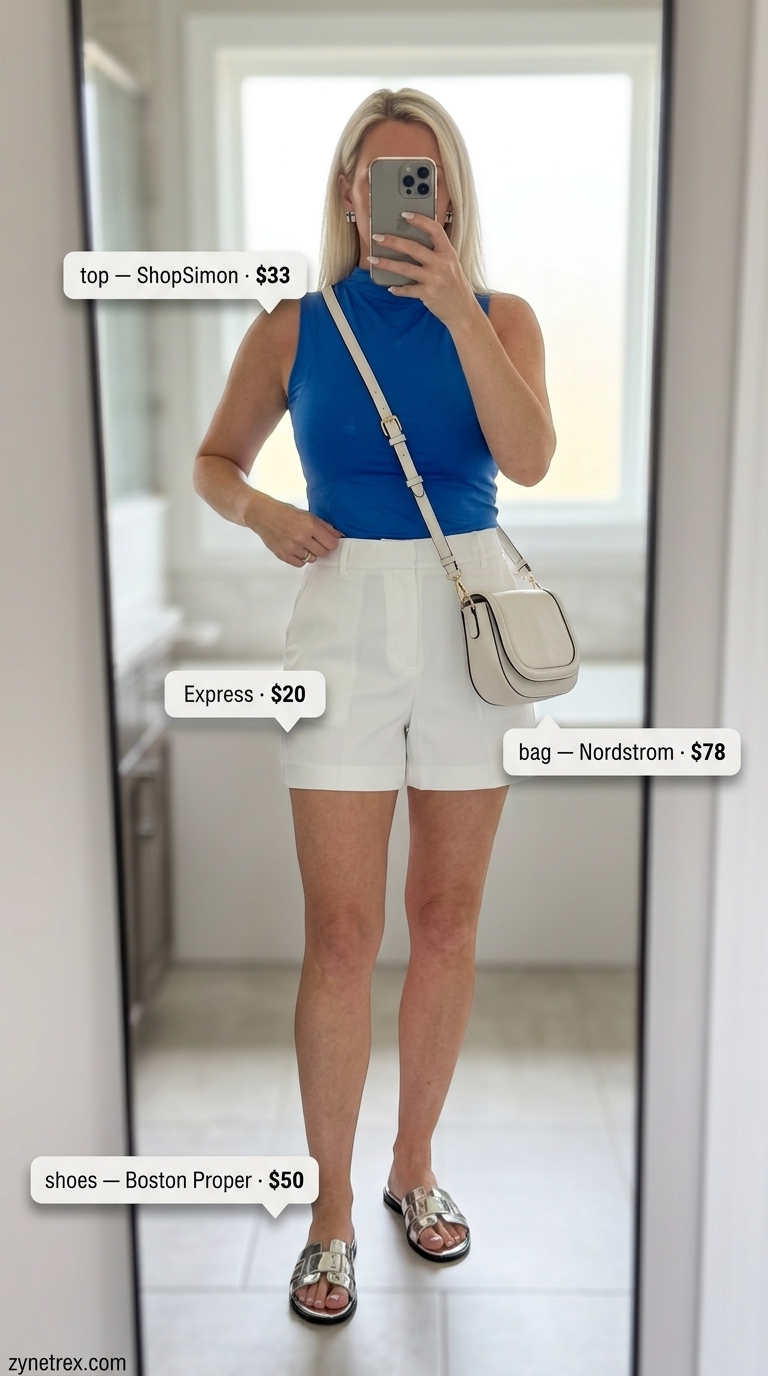 Stylish summer outfits for women 2026: Cobalt blue top, white shorts, silver sandals for city brunch.