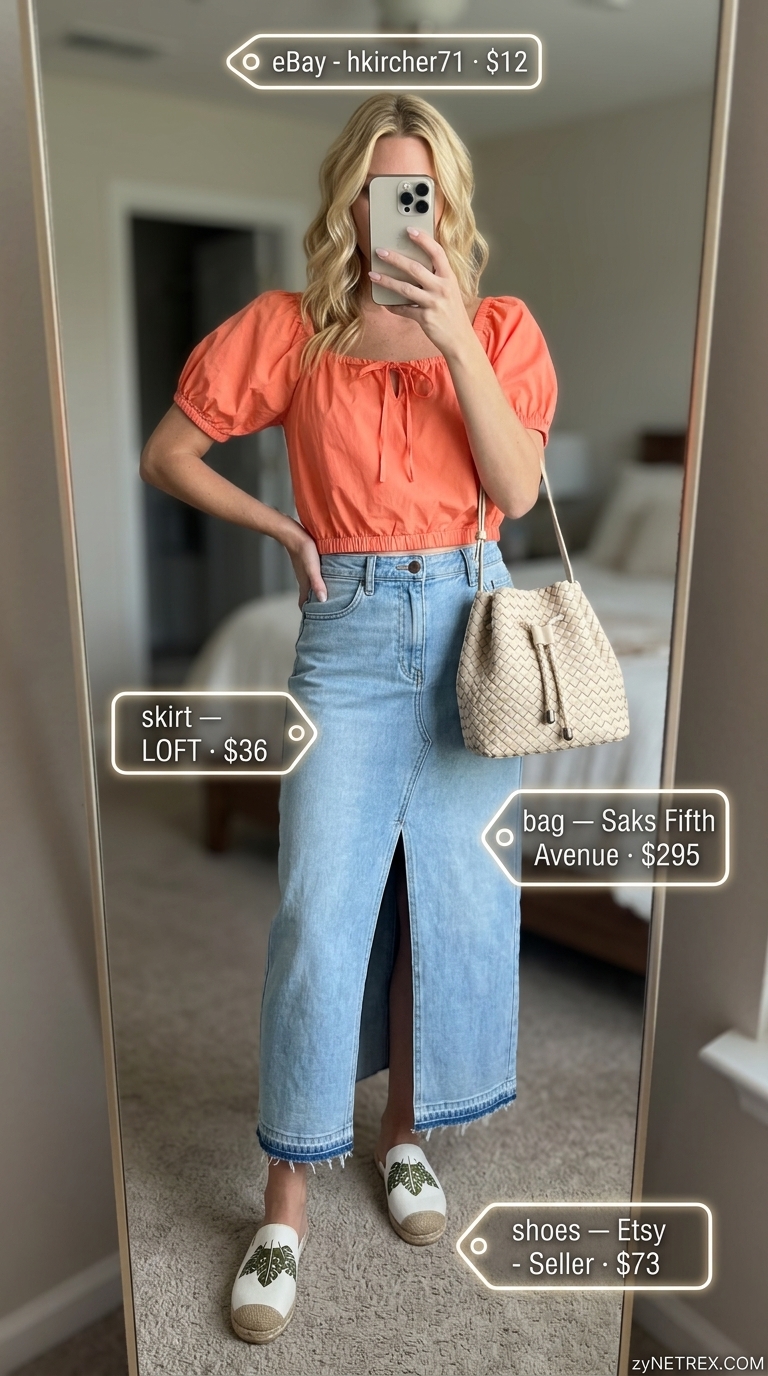 Stylish summer outfits for women 2026: Denim maxi skirt, rust peasant blouse, woven bag, espadrille mules for market.