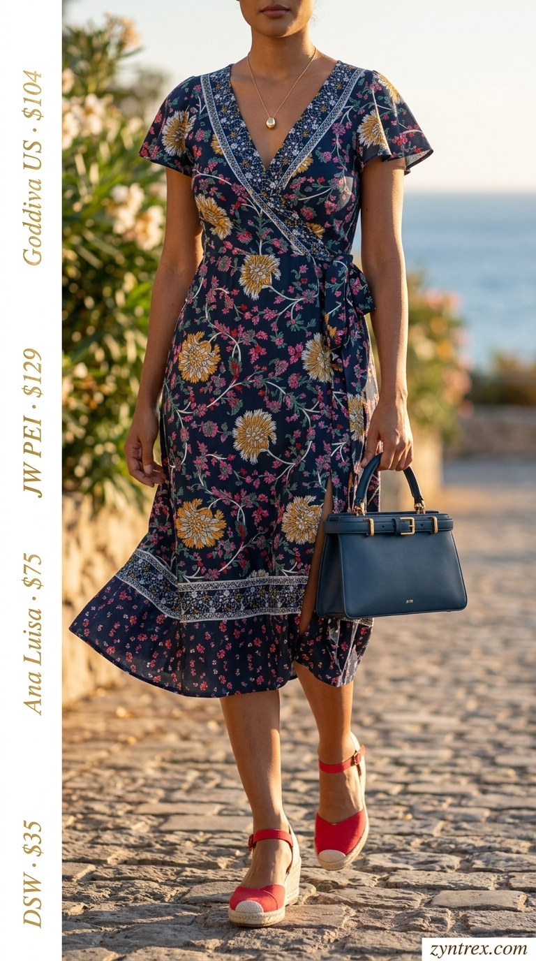 Stylish summer outfits for women 2026: Navy floral wrap dress, red espadrilles, mini top-handle bag for Riviera.
