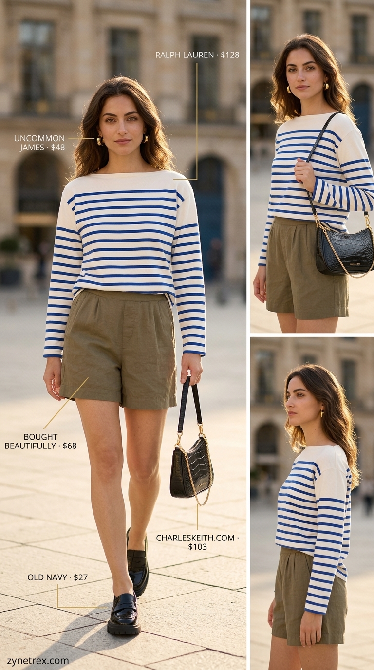 Stylish summer outfits for women 2026: Khaki shorts, black tank, platform loafers for urban exploration.