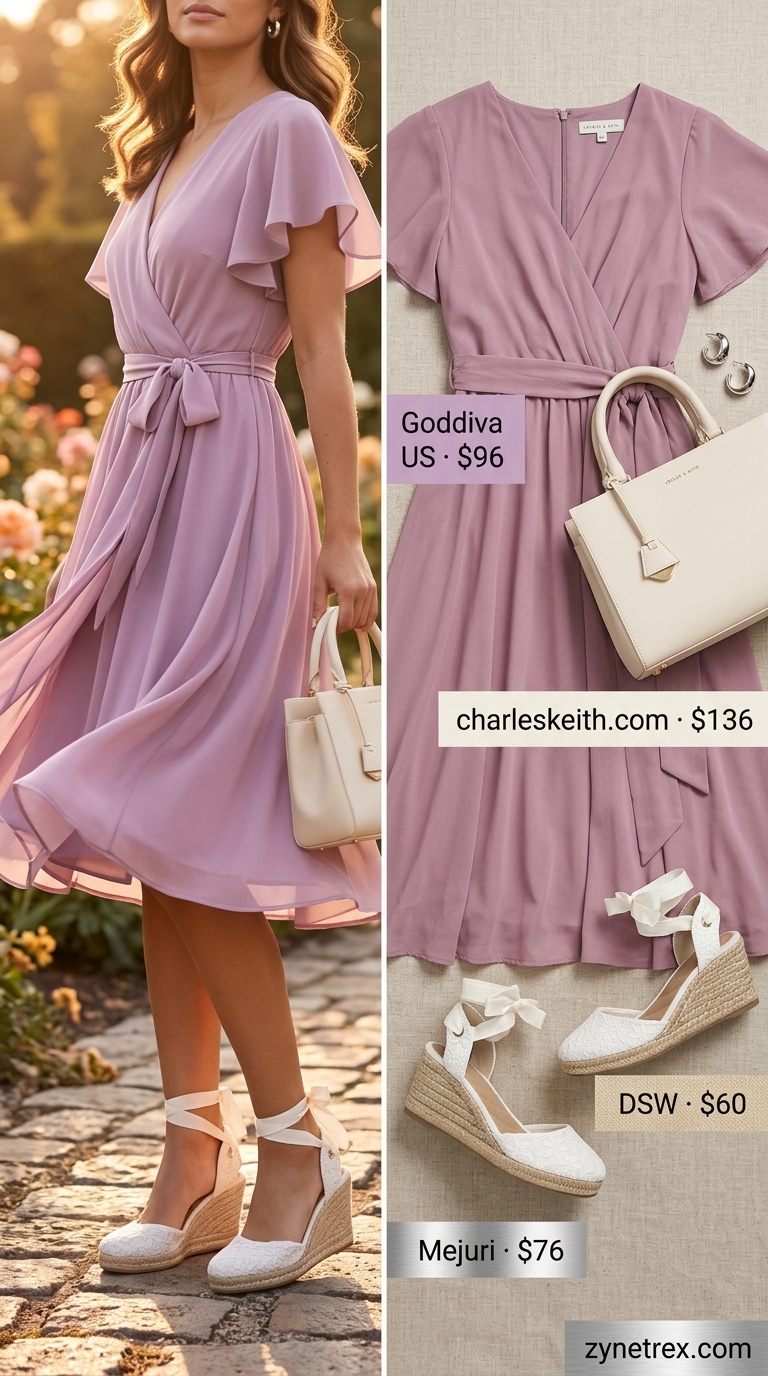 Stylish summer outfits for women 2026: Lavender wrap dress, cream espadrilles, and top-handle bag for a garden party.