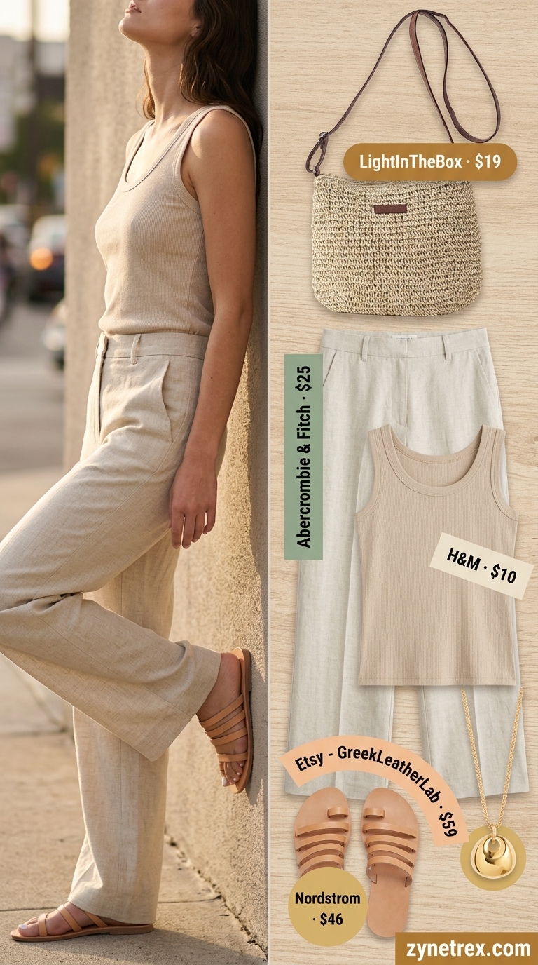 Stylish summer outfits for women 2026: Cream linen pants, beige tank, straw bag, leather slides for resort wear.