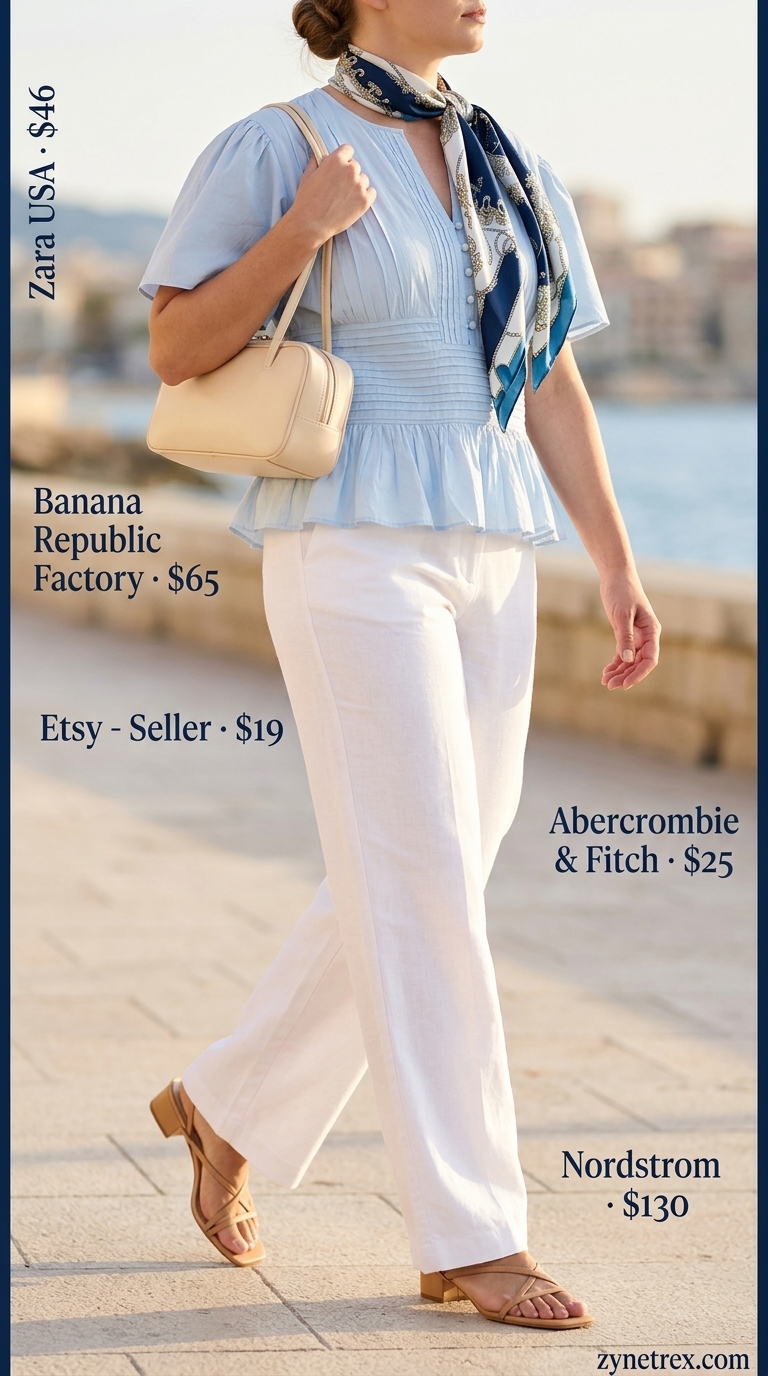 Stylish summer outfits for women 2026: Sky blue blouse, white linen pants, tan sandals for a Mediterranean brunch.