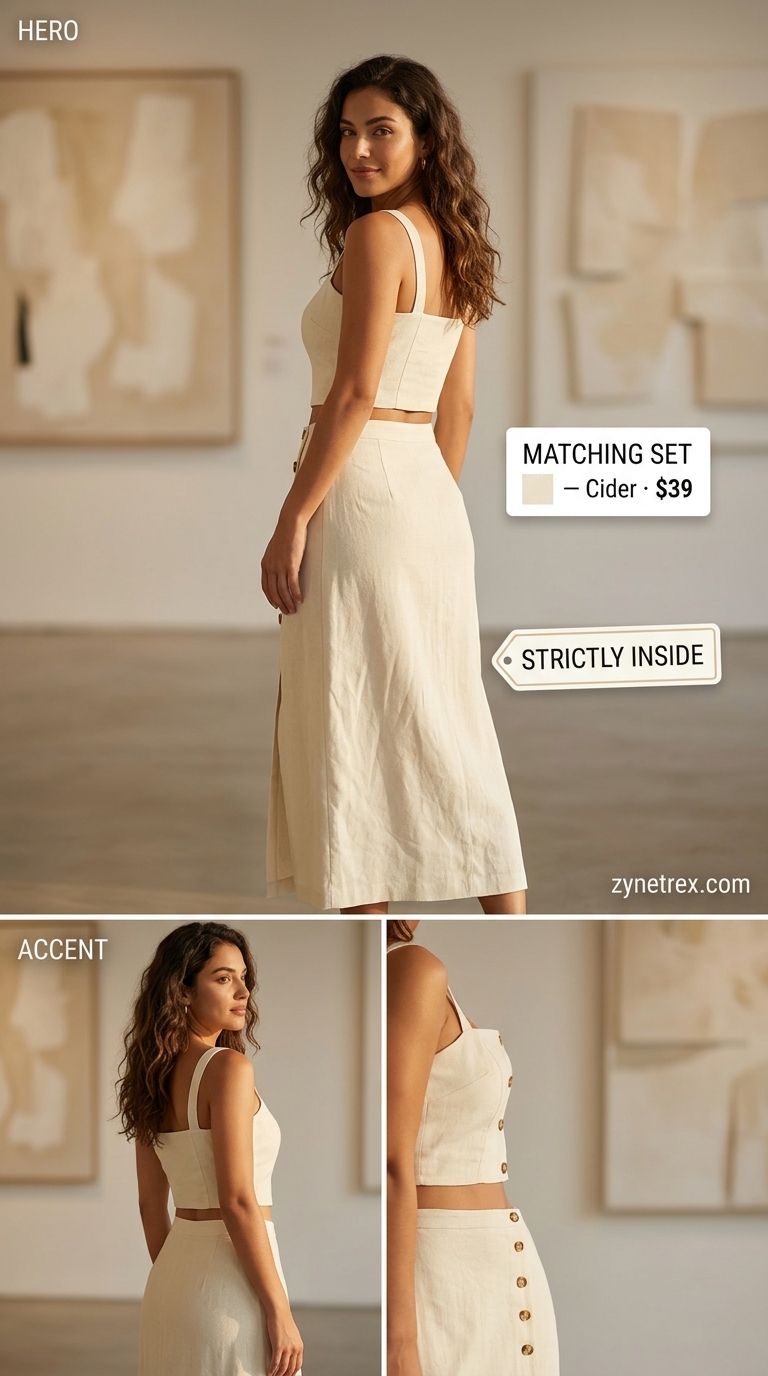 Stylish summer outfits for women 2026: Off-white linen set, black sandals, and straw hat for an art gallery.