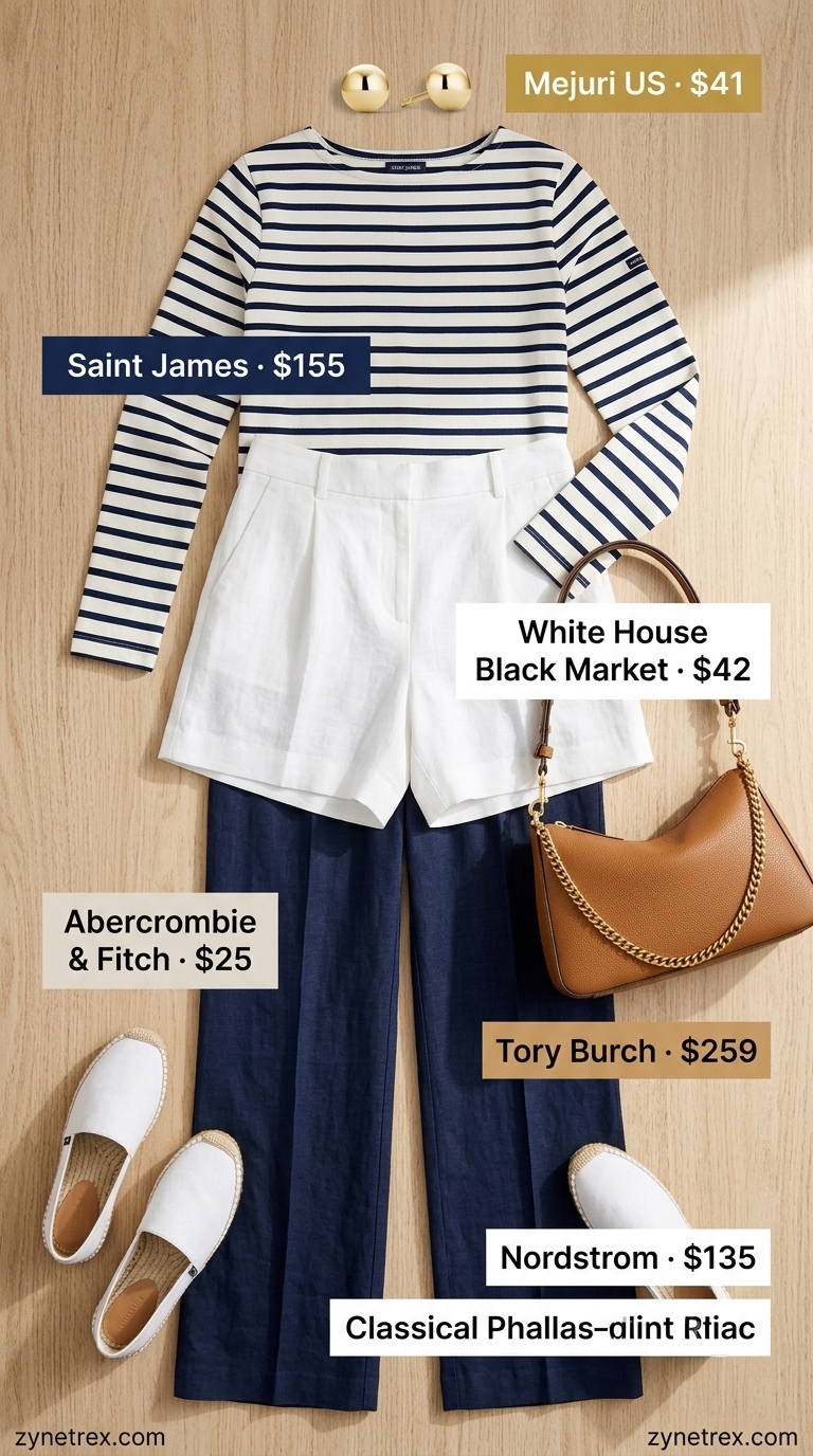 Stylish summer outfits for women 2026: Navy shorts, Breton top, red crossbody for a nautical look.