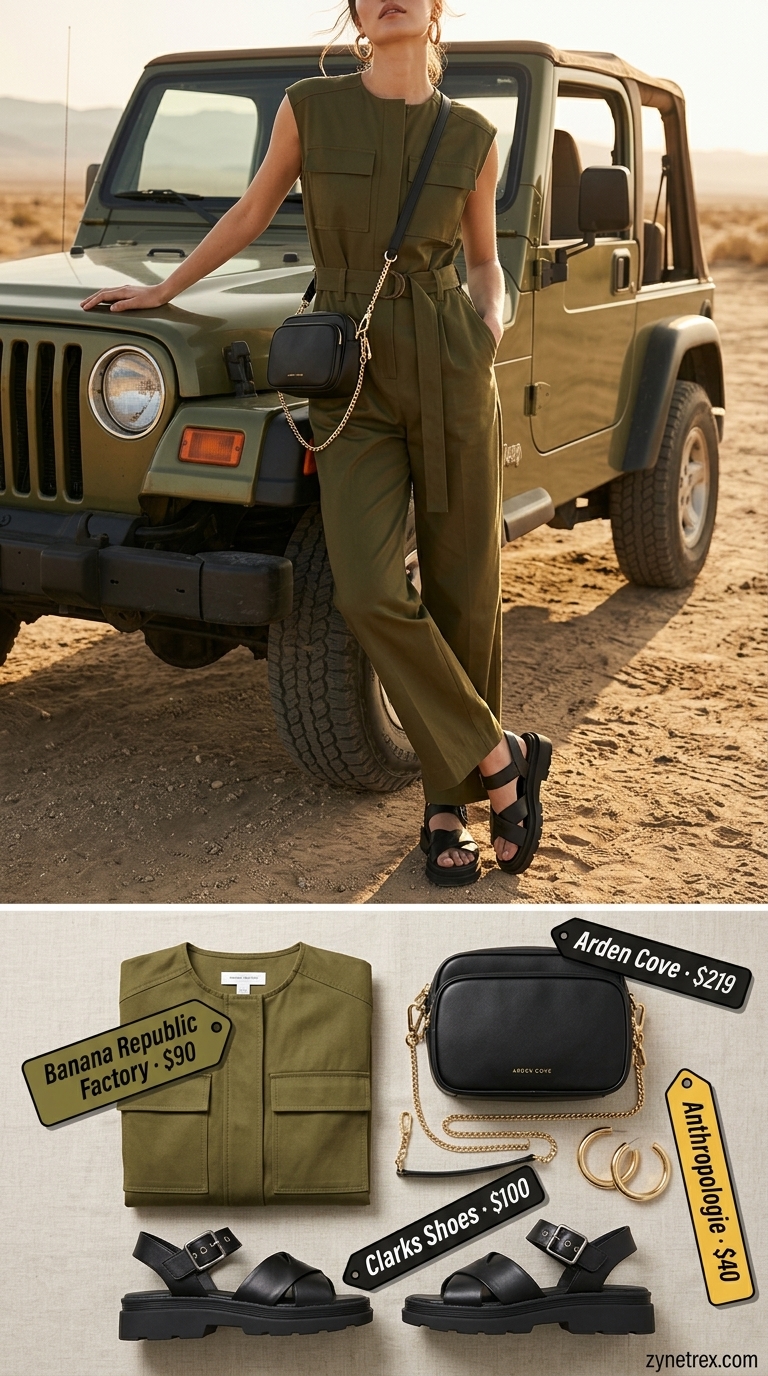 Stylish summer outfits for women 2026: Olive linen jumpsuit, black sandals, crossbody bag for safari style.