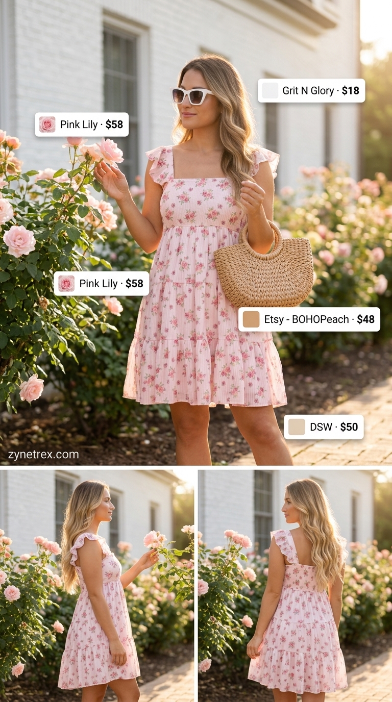 Stylish summer outfits for women 2026: Pink floral mini dress, straw bag, and espadrilles for a picnic.