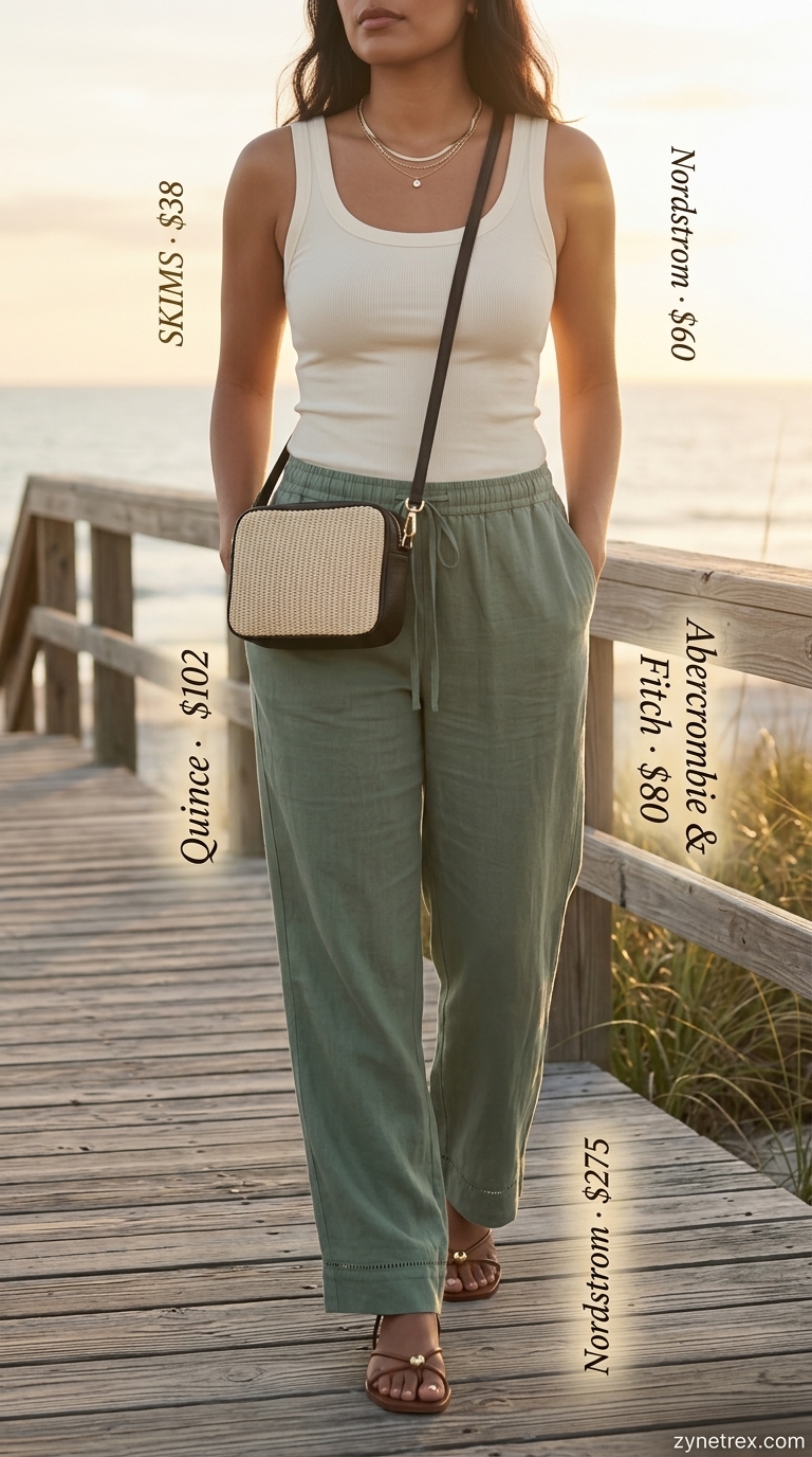 Stylish summer outfits for women 2026: Sage linen pants, cream tank, straw bag, leather sandals for boardwalk.